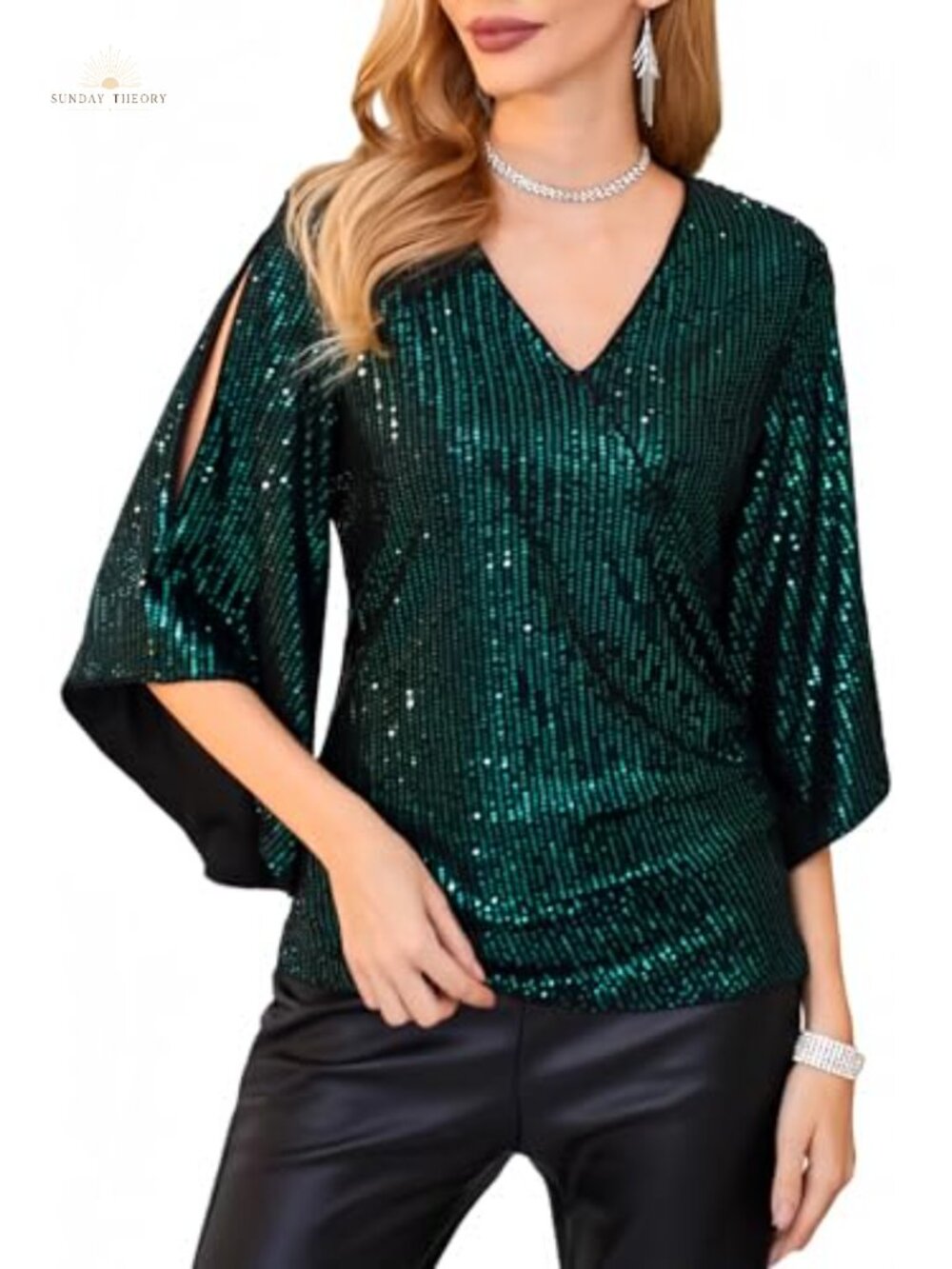 Sequin Top Sparkly Party Blouse V-Neck 3/4 Bell Sleeve Slim Fit
